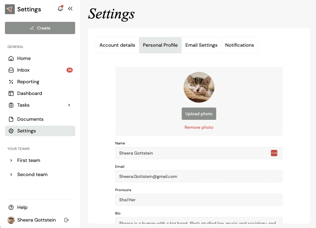 Profile settings page