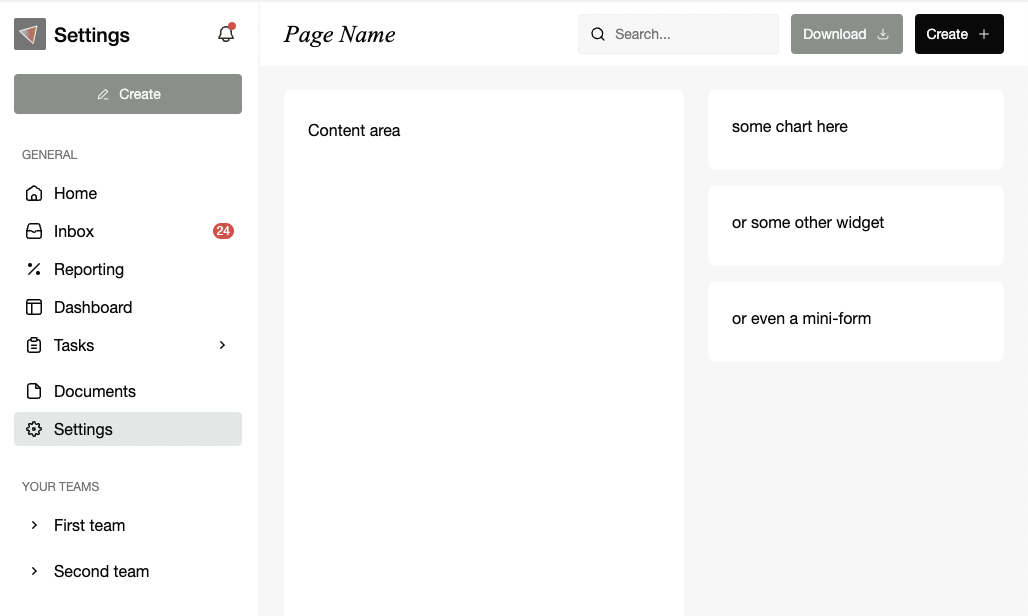 Three column layout with a sidebar, content area and top bar navigation